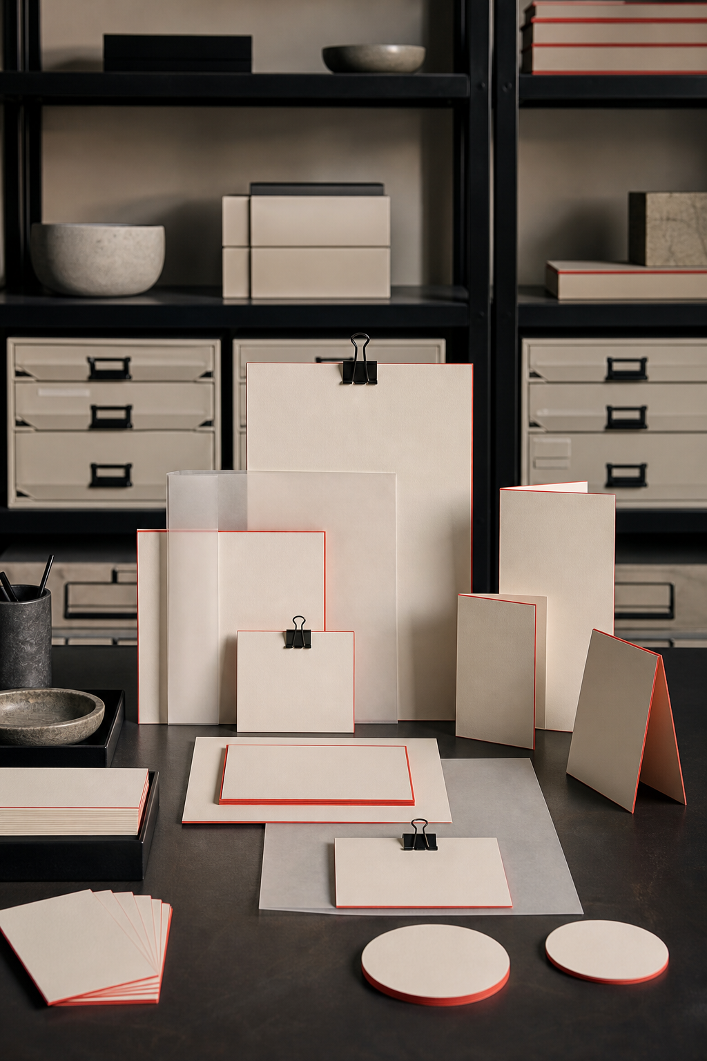Materiali tipografici coordinati e carte disposte in un archivio
